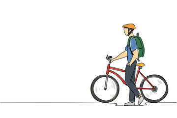 Fototapeta premium Single continuous line drawing businessman with bicycle helmet, carrying backpack and pushing his bicycle. Take a walk, take a break. National Bike to Work Day. One line design vector illustration