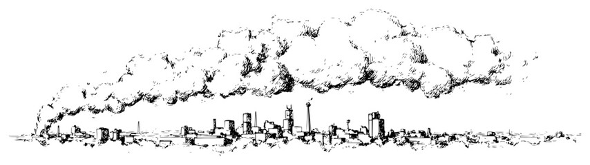 Panoramic city skyline with heavy industrial smoke clouds in sketch style © Celestynka