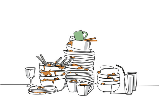 Continuous one line drawing pile of dirty plates, bowls, mugs and cups. Large family meal with invited guests. Manual washing. National No Dirty Dishes Day. Single line draw design vector illustration