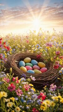 Osternest im Blumenfeld