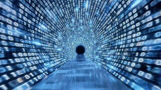 A futuristic digital tunnel with binary code streaming by, leading to a distant black circle