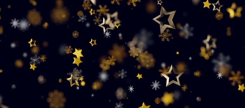 Abstract Christmas background of gold stars and snowflakes floating on a dark night sky. Festive design for the holidays - Powered by Adobe