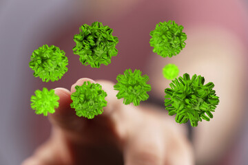 Obraz premium 3D render of abstract green viruses being touched by a finger. Visual metaphor for science and disease.