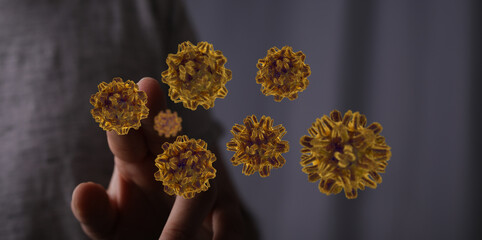 3D render of viruses interacting with a human hand, illustrating infection, disease, and medical concepts. Ide