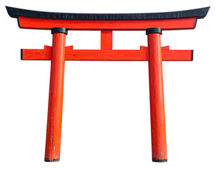 A vibrant, traditional Japanese torii gate, painted in red with a black roof