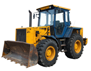 A yellow and blue heavy construction vehicle, with large wheels and a front loader