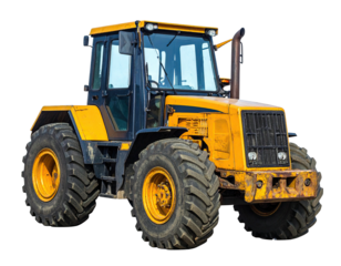 Large yellow agricultural tractor with oversized wheels, glass cabin, and a black front grill