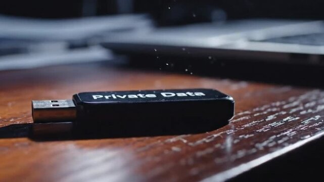 Cinematic Slow Pan of USB Drive Labeled &ldquo;Private Data&rdquo; on Wooden Desk with Dramatic Side Lighting