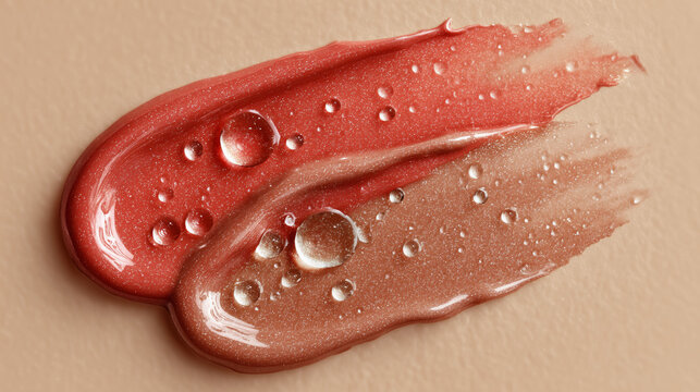 Muestra de gloss labial rojo y melocot&oacute;n, Swatches de brillo de labios con gotas de agua, Mockup para campa&ntilde;a de labiales glossy, Textura para dise&ntilde;o de cosm&eacute;tica de lujo
