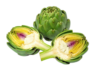 A close-up shot of a whole and halved artichoke, showing its intricate layers and colors