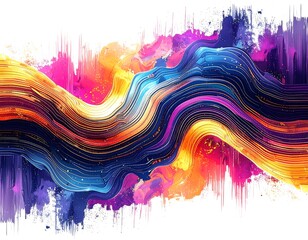 Abstract artwork of layered, flowing lines with vibrant colors against a white background