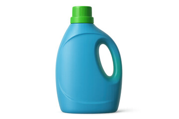 Blue plastic laundry detergent bottle with green cap, cleaning product packaging for household washing, transparent background