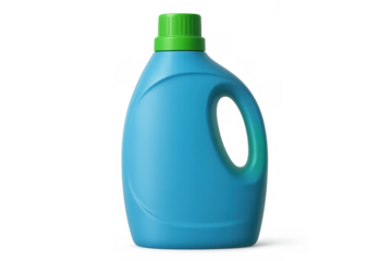 Blue plastic laundry detergent bottle with green cap, cleaning product packaging for household washing, transparent background