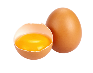 Image of an egg broken open revealing a bright yolk, alongside a whole egg
