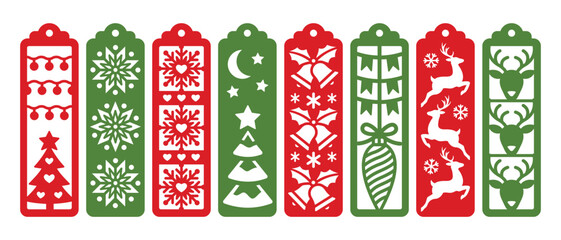 Set of decorative Christmas bookmarks. New Years and Xmas laser cut template. Bookmark stencil for paper, wood and metal cutting. Vector design with winter holidays pattern