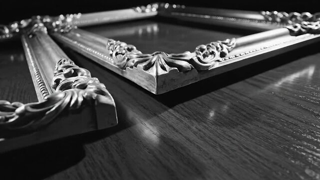Ornate decorative frames arranged on a polished wooden surface with dramatic lighting