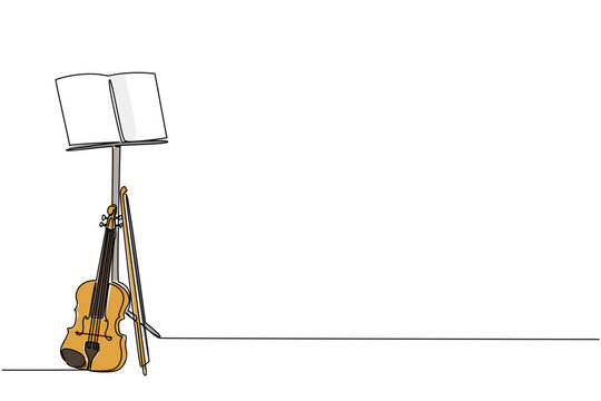 Single continuous line drawing violin with its strings leaning against the note stand. The violinist put down the instrument to rest. Composer. World Fiddle Day. One line design vector illustration
