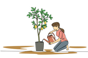 Continuous one line drawing a woman watering a lemon tree in a pot using a watering can. Give the best fertilizer then water it. Plant a Lemon Tree Day. Single line draw design vector illustration