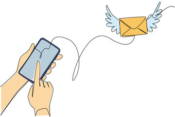 Single continuous line drawing winged envelope emerges from the screen of smartphone being held by hand. Technology in hand. Send an Electronic Greeting Card Day. One line design vector illustration