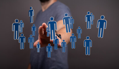 Man's hand reaching out with user icons. Human network concept. Community, team, digital connection, social med