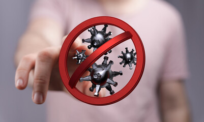 Hand pointing at red prohibition sign over virus illustration, symbolizing prevention and stopping the spread