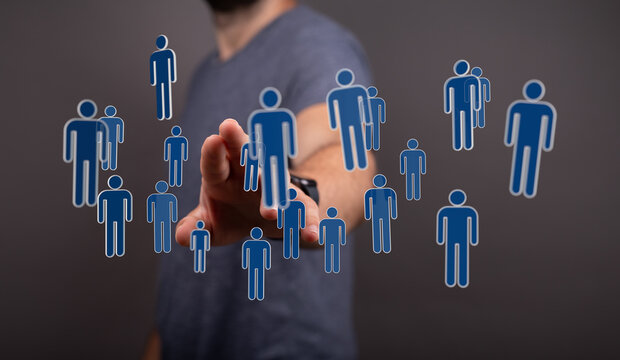 Man's hand reaching out with user icons. Human network concept. Community, team, digital connection, social med - Powered by Adobe