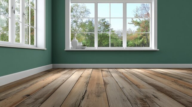 Interior room corner features wide plank wood flooring beneath bright windows showcasing lush outdoor greenery