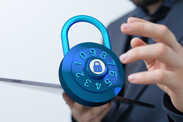 Close-up of a man holding a digital combination lock. Illustrating data security, privacy, and online protectio