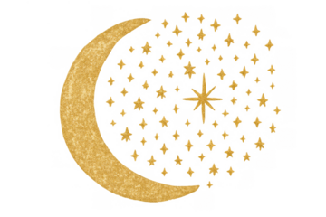 Golden crescent moon with sparkling stars and glitter texture on a transparent background, representing astrology and dreams