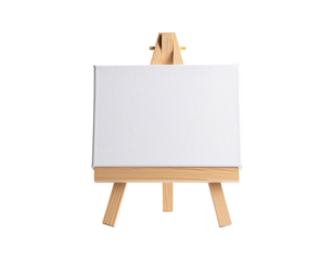 A small, wooden easel supports a blank white canvas against a solid black backdrop