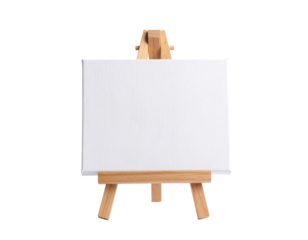 A small, wooden easel holds a blank, white canvas, isolated on a solid black background