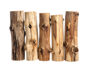 Five weathered wooden log pillars arranged against a seamless black background, each varying in texture