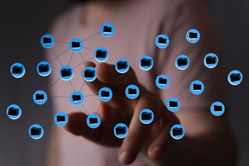 Hand touching digital network data storage concept. Concept of technology, connection, cloud storage, and secur