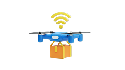 Drone Delivering Package with Wifi Signal on White Background