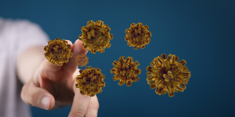 Hand touching digital render of virus concept representing infection, disease, or medical science.