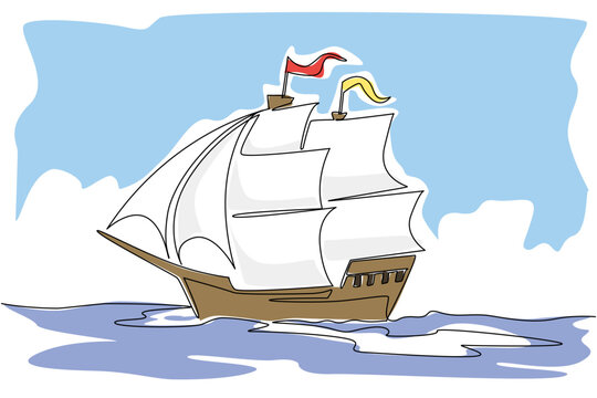 Single continuous line drawing pinisi ship. Traditional boat from South Sulawesi, Indonesia. Has a very unique design. Inter island trade. National Maritime Day. One line design vector illustration