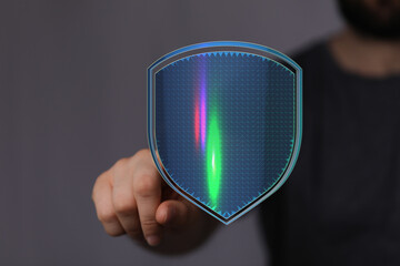 Secure digital shield protecting data and information. Cyber security and digital protection concept. Guarding privacy from hackers.