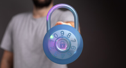 Concept of cybersecurity. A person holding a digital padlock representing safety, protection, and data privacy. Ideal for illustratin