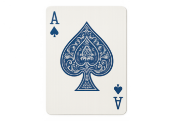 Playing card ace of spades with ornate blue design for gambling games and casino luck, transparent background