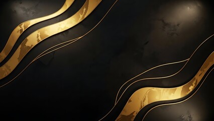 A luxurious abstract background featuring flowing gold waves with marble textures set against a dark, matte black surface with elegant lighting.