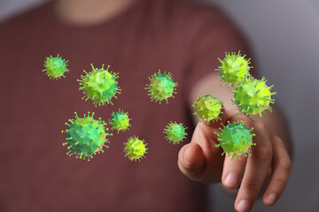 Visual representation of coronavirus on a finger, conceptual image of disease, medical, and pandemic threat. P