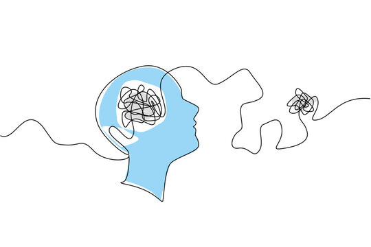 Single continuous line drawing silhouette of a head with a tangled ball of thread extending out of the head. Hallucinations. Delusions. World Schizophrenia Day. One line design vector illustration