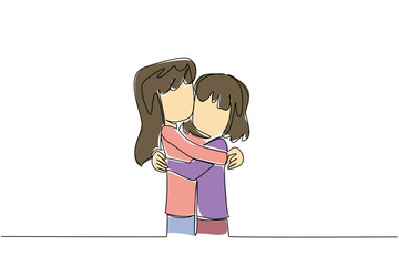 Single continuous line drawing two sisters hug each other. Hugging like a fictional childhood character. Hugging tightly, not wanting to let go. Day of Brother. One line design vector illustration