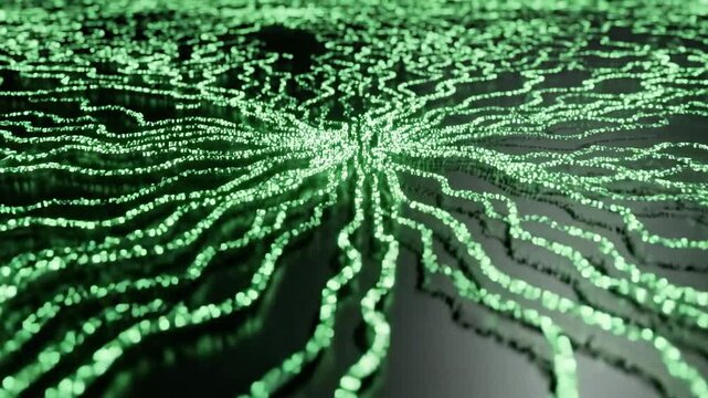 A mesmerizing visualization of interconnected green lines and dots forming a network-like pattern on a dark reflective surface