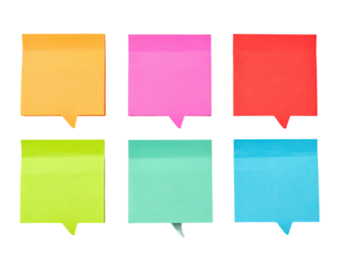 Six colorful square sticky notes with speech bubble shapes on a plain dark background
