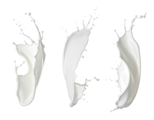 Three isolated, dynamic splashes of creamy white liquid against a solid black backdrop