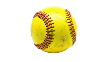 A close-up of a yellow softball with red stitching, isolated against a black background