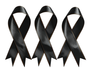 Three elegant black ribbons with gold trim, arranged against a stark black background