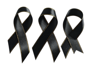 Three elegant black ribbons with gold trim, arranged against a black background