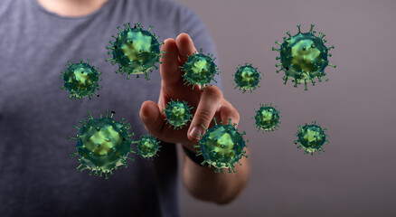 Image depicting a hand interacting with a 3D rendered coronavirus. Great for illustrating concepts of disease,